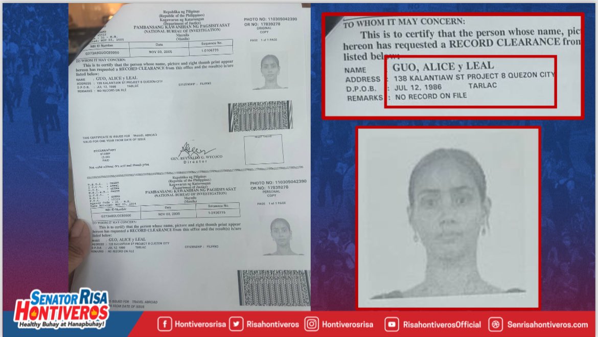 inquirerdotnet's tweet photo. “Is this a case of stolen identity?”

JUST IN: Senator Risa Hontiveros says a different individual with the name Alice Leal Guo already exists in the database of the NBI, prompting her to ask if the suspended mayor is assuming the identity of a Filipino woman.

“Same ang birthday sa birth certificate ni Alice Leal Guo na tumakbong Mayor: July 12, 1986. Pareho ang spelling ng pangalan. Pero ibang-iba ang mukha!” said Hontiveros. | @charieabarcaINQ
