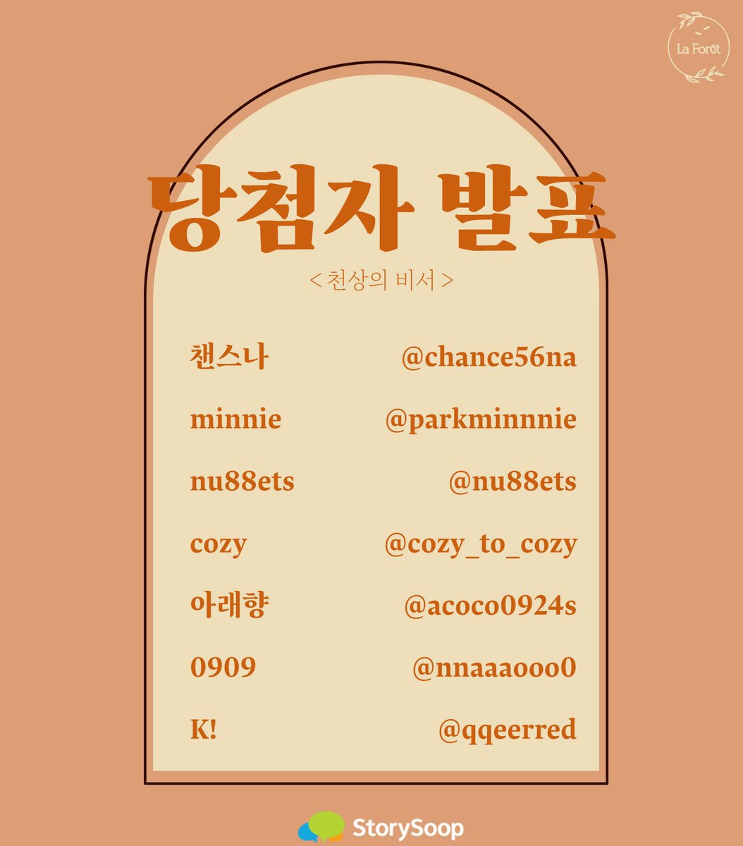 🌳<천상의 비서> 신작 론칭 이벤트 당첨자 발표🌳

💚지금 바로 공개합니다!!💚

🎉이벤트 당첨자🎉
챈스나
<a href="/chance56na/">챈스나</a>

minnie
<a href="/parkminnnie/">minnie</a>

nu88ets
<a href="/nu88ets/">nu88ets</a>

cozy
<a href="/cozy_to_cozy/">cozy</a>

아래향
<a href="/acoco0924s/">아래향</a>

0909
@nnaaaooo0

K!
@qqeerred

🚨당첨자분께 6/27에 DM으로 경품 전달드립니다.🚨