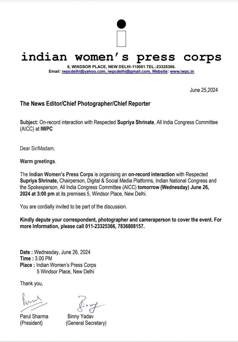Indian Women’s Press Corps (@iwpcdelhi) on Twitter photo #IWPC welcomes <a href="/SupriyaShrinate/">Supriya Shrinate</a> for open interaction with Journalists today. Do join us today 3PM onwards at 5 Windsor Place, Ashoka Road
<a href="/INCIndia/">Congress</a> <a href="/DelhiPYC/">Delhi Youth Congress</a> <a href="/IYC/">Indian Youth Congress</a> #IWPC welcomes <a href="/SupriyaShrinate/">Supriya Shrinate</a> for open interaction with Journalists today. Do join us today 3PM onwards at 5 Windsor Place, Ashoka Road
<a href="/INCIndia/">Congress</a> <a href="/DelhiPYC/">Delhi Youth Congress</a> <a href="/IYC/">Indian Youth Congress</a>