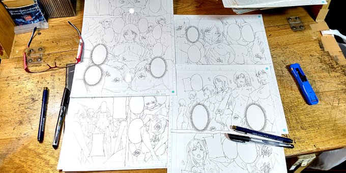 只今、夢幻原稿ペン入れ中です。
いつも思うのですが、
漫画ってフキダシ(セリフを書くわく)が邪魔だなー
フキダシがなければ、
もっといろんな構図や追加でキャラが描けるのに。
まぁ、背景を描かず空白を埋めるって言う利点もありますが。 