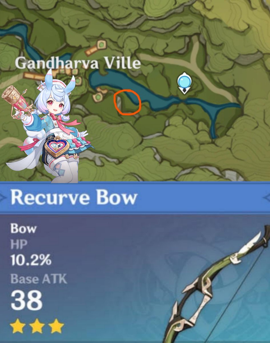 teyvattabloid's tweet photo. PSA: For those of you who want Sigewinne, there's an NPC that gives you a 3 star bow with a big HP substat right here. The Recurve Bow.

©️ u/syko-san , genshindb

#Genshinlmpact #Genshin #GenshinMemes https://t.co/btXhLIxqGD