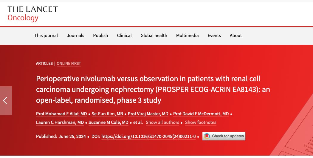 OncoAlert (@oncoalert) on Twitter photo Just Out on <a href="/TheLancetOncol/">The Lancet Oncology</a>
New findings from the PROSPER EA8143 trial Perioperative nivolumab before nephrectomy, followed by adjuvant nivolumab
➡️Primary endpoint was investigator-reviewed recurrence-free survival
➡️Did NOT🚫improve recurrence-free survival vs surgery only Just Out on <a href="/TheLancetOncol/">The Lancet Oncology</a>
New findings from the PROSPER EA8143 trial Perioperative nivolumab before nephrectomy, followed by adjuvant nivolumab
➡️Primary endpoint was investigator-reviewed recurrence-free survival
➡️Did NOT🚫improve recurrence-free survival vs surgery only