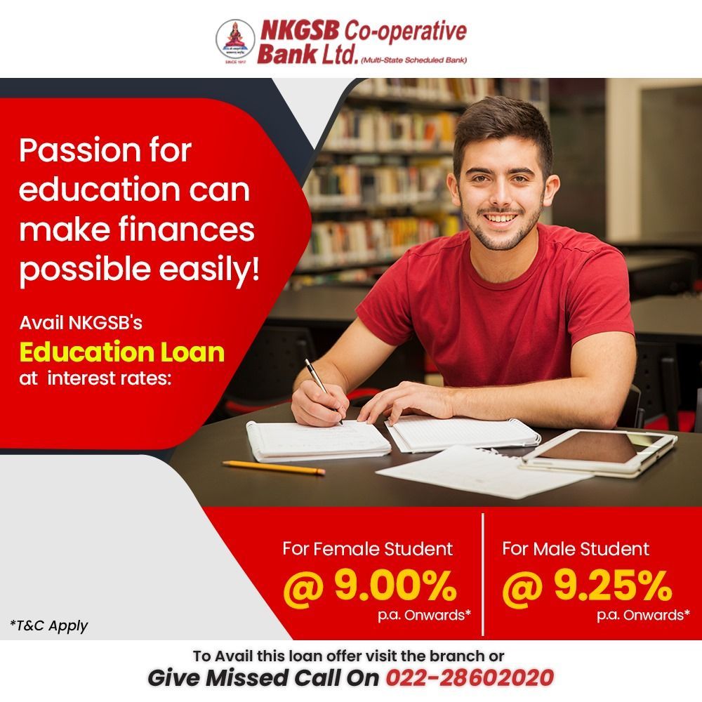 NkgsbBank's tweet photo. Fuel your educational dreams with NKGSB Co-Operative Bank's Education Loan! Our passion for empowering minds drives us to offer competitive interest rates starting from 9% p.a. for female students and 9.25% p.a. for male students.

#NKGSB #NKGSBBank #Banking #Finance #CarLoan https://t.co/7t5KAlTDI9