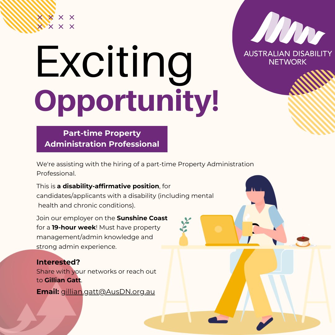 AustralianRETC's tweet photo. We're assisting with the hiring of a part-time Property Administration Professional!

This is a disability-affirmative position, for candidates/applicants with a disability

Interested? Reach out: gillian.gatt@AusDN.org.au

#JobOpportunity #PropertyJobs #SunshineCoastJobs https://t.co/ZkTmQk3rXT