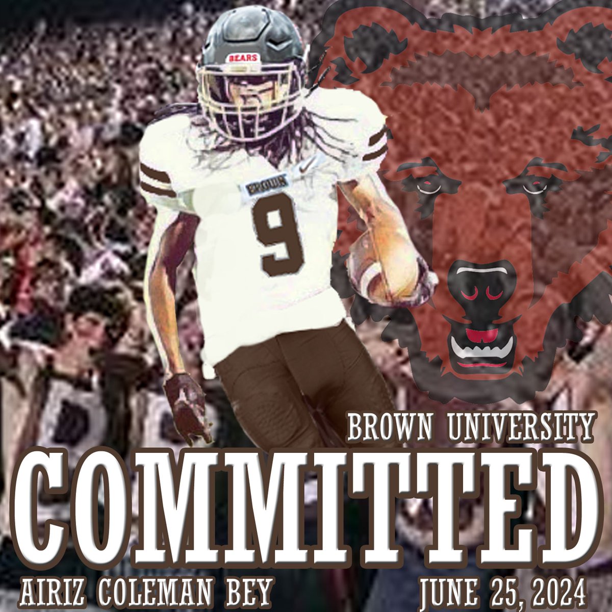Airiz Coleman Bey (@airizcbey9) on Twitter photo I'm excited to announce my verbal commitment to Brown University #IvyLeague <a href="/BrownHCPerry/">James Perry '00</a> <a href="/sirtrich/">Matty Rich</a> <a href="/CoachPDeCapito/">Phil DeCapito</a> <a href="/BrownU_Football/">Brown Bears Football</a> <a href="/coachDjackson1/">Darryl Jackson</a> <a href="/WGHFootball/">Warren Football</a> <a href="/RaidersWgh/">WGH Raiders Baseball</a> <a href="/rawtalentsport1/">rawtalentsports</a> <a href="/AlfieBurch/">Alfie Burch</a> <a href="/Worm02/">David Baugh</a> <a href="/Mark__Porter/">ScoutingOhio.com - 247 Sports - Bucknuts</a> <a href="/LovejoyBey/">Lovejoy Bey</a> <a href="/AirizCloud/">Airiz Bey (Beys Way Services) Ziria Protect 9</a> Gratitude! I'm excited to announce my verbal commitment to Brown University #IvyLeague <a href="/BrownHCPerry/">James Perry '00</a> <a href="/sirtrich/">Matty Rich</a> <a href="/CoachPDeCapito/">Phil DeCapito</a> <a href="/BrownU_Football/">Brown Bears Football</a> <a href="/coachDjackson1/">Darryl Jackson</a> <a href="/WGHFootball/">Warren Football</a> <a href="/RaidersWgh/">WGH Raiders Baseball</a> <a href="/rawtalentsport1/">rawtalentsports</a> <a href="/AlfieBurch/">Alfie Burch</a> <a href="/Worm02/">David Baugh</a> <a href="/Mark__Porter/">ScoutingOhio.com - 247 Sports - Bucknuts</a> <a href="/LovejoyBey/">Lovejoy Bey</a> <a href="/AirizCloud/">Airiz Bey (Beys Way Services) Ziria Protect 9</a> Gratitude!