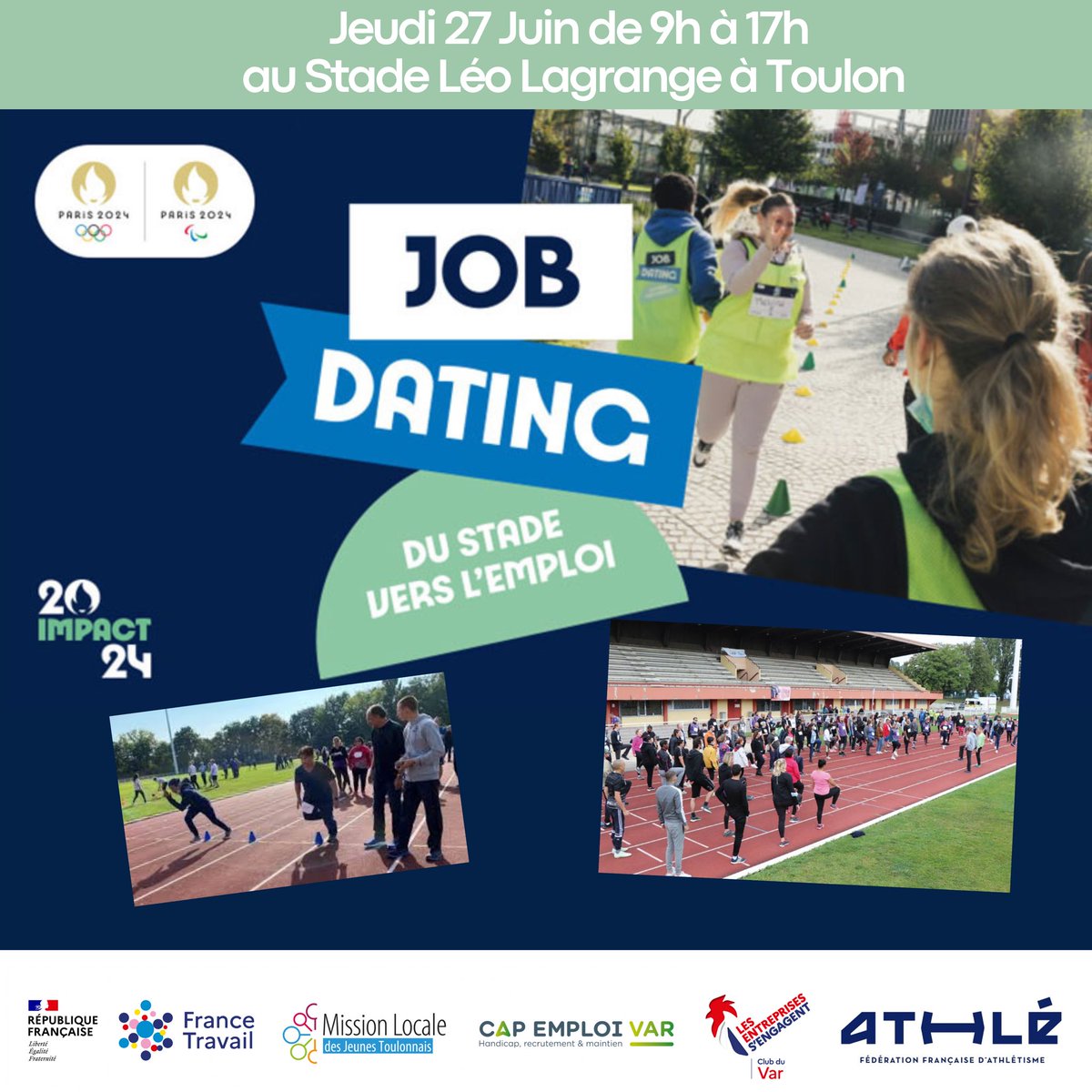 France Travail Var (@ftravail_83) on Twitter photo 🏃♀️🏃♂️Du Stade vers l’emploi - #Athlétisme, le sport au service du recrutement !
#RecruterAutrement : employeurs & demandeurs d’emploi se rencontrent en pratiquant une activité sportive.
Organisée par <a href="/FranceTravail/">France Travail</a> avec <a href="/FFAthletisme/">FFAthlétisme</a> <a href="/MlToulon/">Mission Locale de Toulon</a> <a href="/Capemploi83/">Cap emploi 83</a> & <a href="/communauteLESE/">Les entreprises s’engagent</a>. 🏃♀️🏃♂️Du Stade vers l’emploi - #Athlétisme, le sport au service du recrutement !
#RecruterAutrement : employeurs & demandeurs d’emploi se rencontrent en pratiquant une activité sportive.
Organisée par <a href="/FranceTravail/">France Travail</a> avec <a href="/FFAthletisme/">FFAthlétisme</a> <a href="/MlToulon/">Mission Locale de Toulon</a> <a href="/Capemploi83/">Cap emploi 83</a> & <a href="/communauteLESE/">Les entreprises s’engagent</a>.