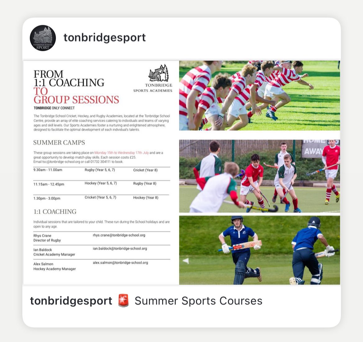 Tonbridge School | Sport (@tonbridgesport) on Twitter photo 🚨 Summer Sports Courses
These group sessions are taking place on Monday 15th to Wednesday 17th July and are a great opportunity to develop match-play skills. Each session costs £25. Please note that spaces are limited and you can book by emailing tsc@tonbridge-school.org 🚨 Summer Sports Courses
These group sessions are taking place on Monday 15th to Wednesday 17th July and are a great opportunity to develop match-play skills. Each session costs £25. Please note that spaces are limited and you can book by emailing tsc@tonbridge-school.org