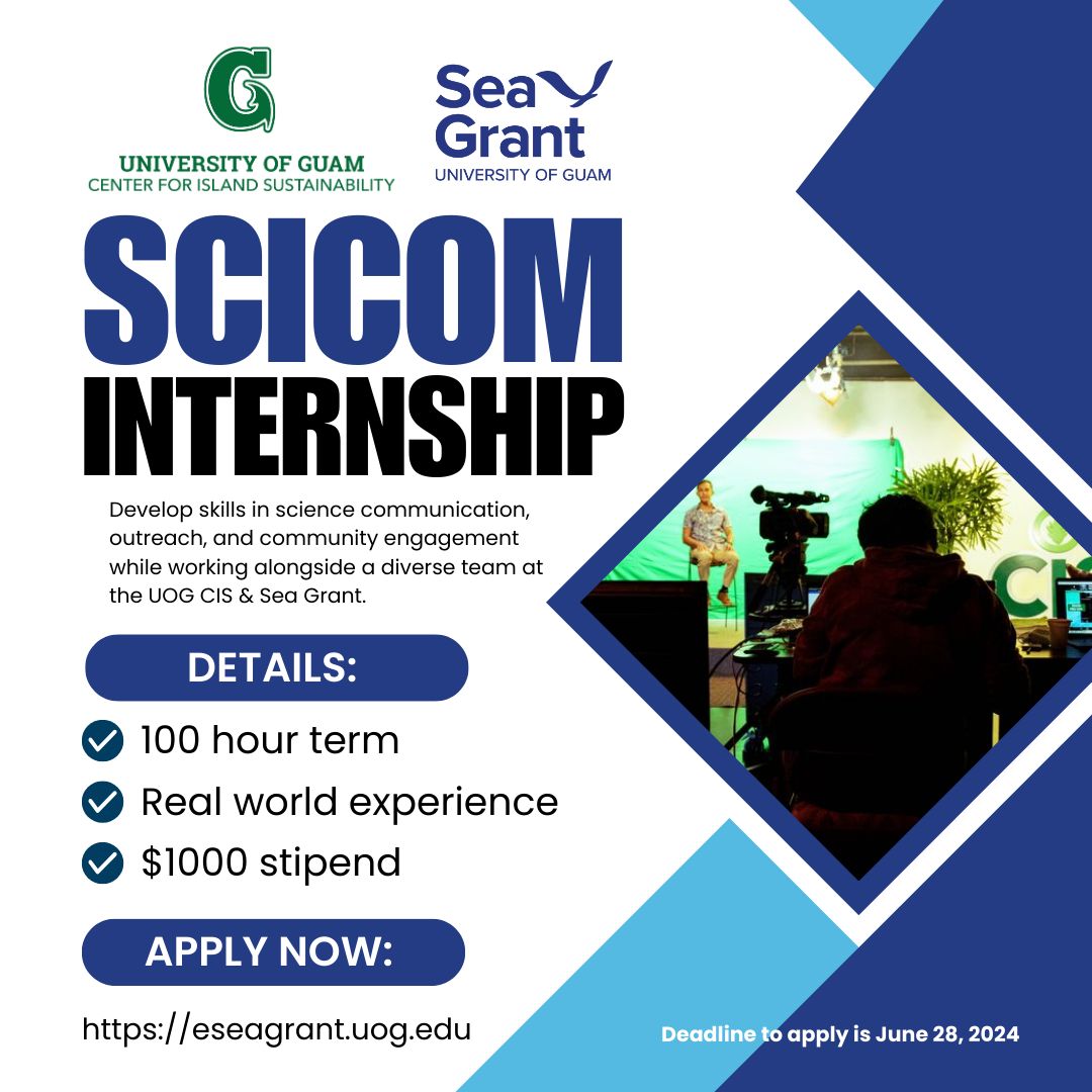 UOG CIS and Sea Grant have an internship available for you!  We are looking for students ready for real world, real time development in the field of Science Communication! If you are interested, apply between now and Friday at midnight! See the link below!
ow.ly/uwb250SpKyR