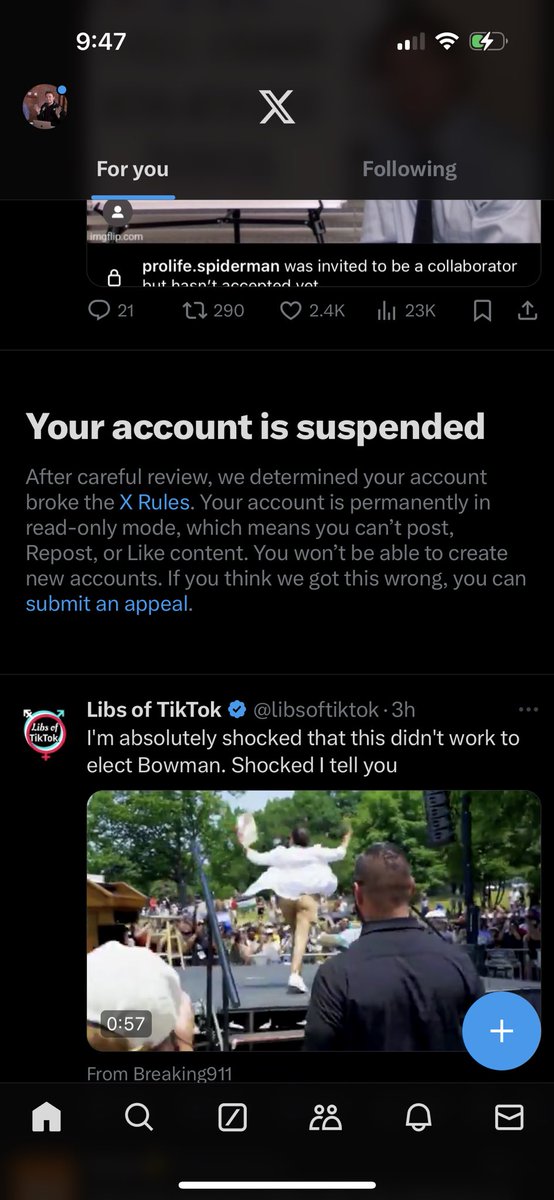 bigmikey95's tweet photo. @libsoftiktok @elonmusk @lindayaX Seems like there are mass suspensions going on.

I’m a reporter with The Western Journal. My primary account was just permanently suspended. No specific reason was given to me.

I appealed and received an automated response within 5 minutes denying it. https://t.co/Q2eIMSg6dM
