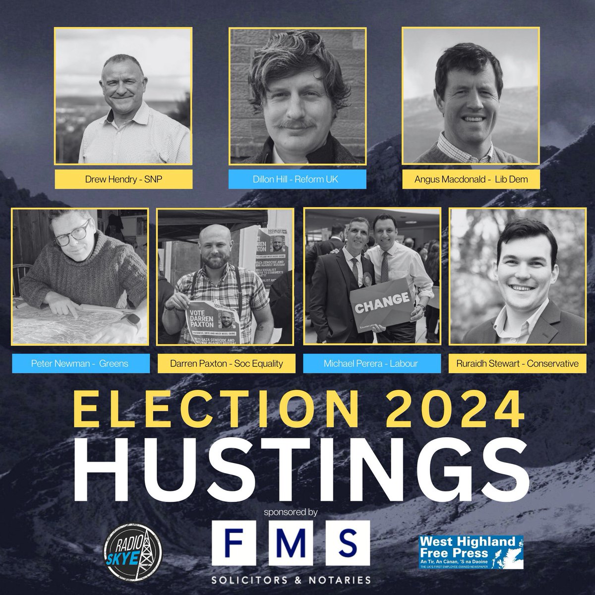 ELECTION 2024 HUSTINGS > 
Join us on Thursday 27th June for our hustings in collaboration with the <a href="/WHFP1/">WHFP</a> 🗳️ the event will be chaired by <a href="/_Adam_Gordon/">Adam Gordon</a> from Radio Skye and <a href="/KeithMacKenzie1/">Keith MacKenzie</a> from WHFP. 

7.30pm - 9.30pm
Skye Gathering Hall, Portree