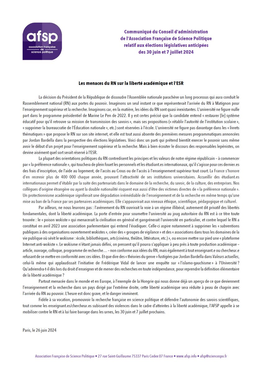 🔴 Les menaces du RN sur la liberté académique et l’ESR

👉 Communiqué du 26 juin 2024 du Conseil d’administration de l’Association Française de Science Politique relatif aux élections législatives anticipées des 30 juin et 7 juillet 2024
afsp.info/communique-26-…