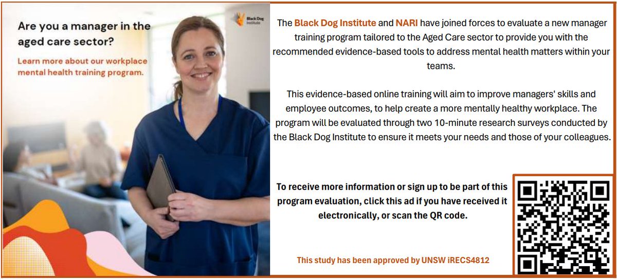 NARI (@nageingri) on Twitter photo 📢 Calling all aged care managers!
NARI and <a href="/blackdoginst/">Black Dog Institute</a> are evaluating a new mental health training program for aged care professionals - click the ad below or scan the QR code to find out more. #AgedCareProfessionals #MentalHealth #Workplace #Training #ProgramEvaluation 📢 Calling all aged care managers!
NARI and <a href="/blackdoginst/">Black Dog Institute</a> are evaluating a new mental health training program for aged care professionals - click the ad below or scan the QR code to find out more. #AgedCareProfessionals #MentalHealth #Workplace #Training #ProgramEvaluation