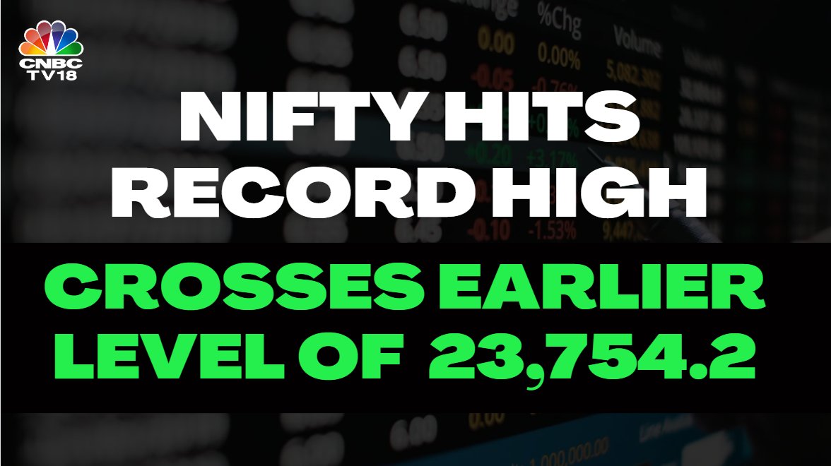 CNBCTV18Live's tweet photo. #CNBCTV18Market | #Nifty hits record high, crosses earlier level of 23,754.2 

#Market #RecordHigh #NiftyRecordHigh #Breaking https://t.co/F2gbRRFHhK