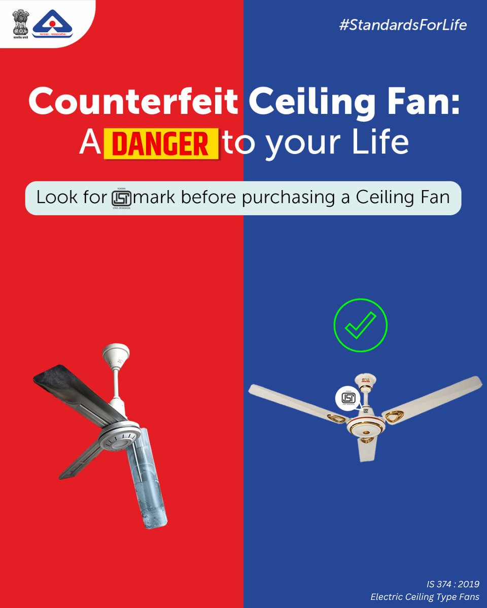 IndianStandards's tweet image. Don’t risk your life!
Make sure your ceiling fan meets #SafetyStandards. Always verify the ISI Mark in the BIS Care App. 

Download Now: bit.ly/3RYU63x

@jagograhakjago #StandardsForLife #CeilingFans #Consumersafety #ISIMark #India #BISCareApp