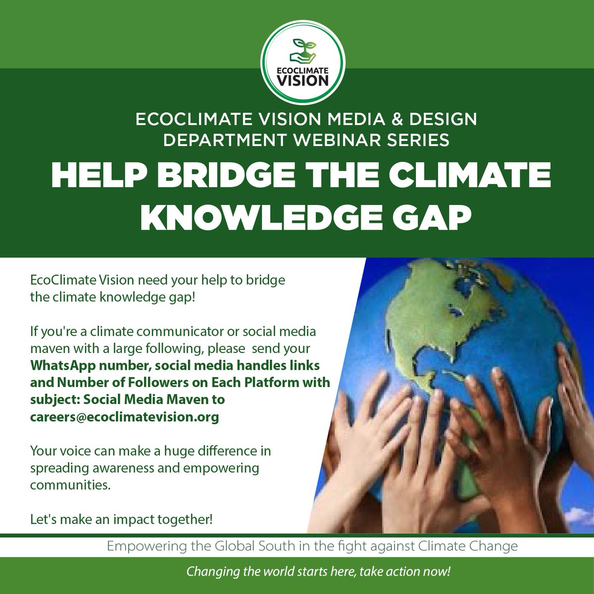 Are you a social media influencer and passionate about Climate Activism?
Here is an opportunity to join efforts in bridging the Climate Knowledge gap!!!
Kindly shre the required details as indicated in the flyer!
#SimplifyingClimateKnowledge
#ClimateAction
#TogetherForThePlanet