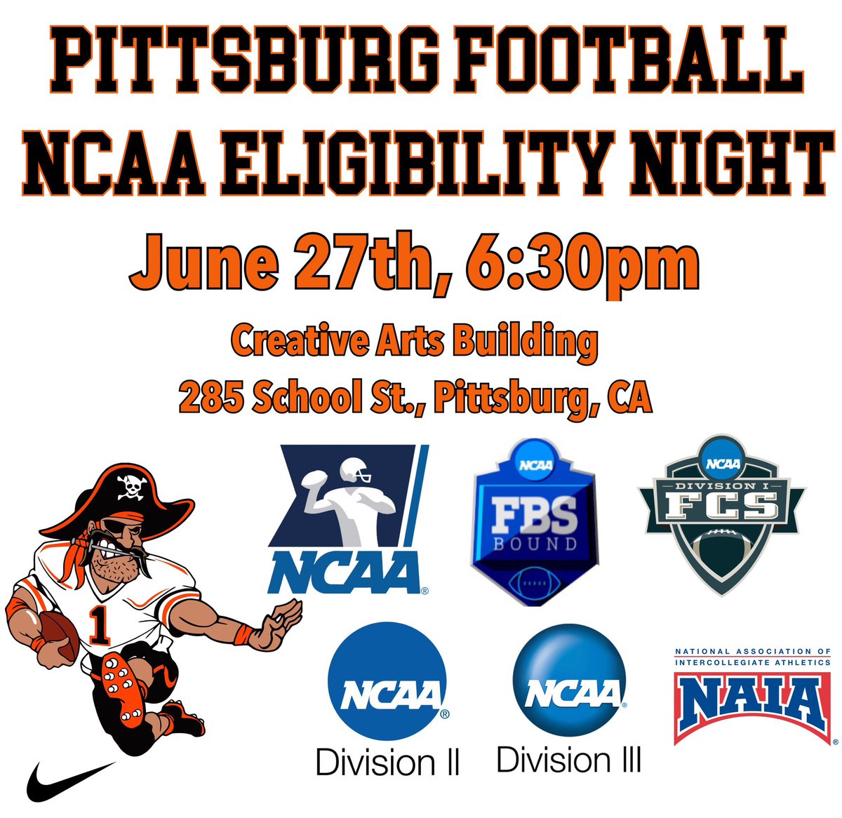 PittHSFootball's tweet photo. Our Annual NCAA night is this Thursday! All sports, youth organizations & families are encouraged to come. Pitt coach Dr. Shamawn Wright will cover the many layers of NCAA eligibility and the pathways needed #CollegePirates #100YearsOfWinning #WhosNext #PITT π΄ββ οΈππ
ΏοΈπππ΄ββ οΈ https://t.co/1kbbFMbVjL