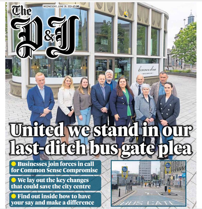 The <a href="/pressjournal/">The Press and Journal</a> is today standing with Aberdeen businesses in calling for compromise on the bus gates that have left some struggling to survive. 

Read more here: 

pressandjournal.co.uk/fp/news/aberde…