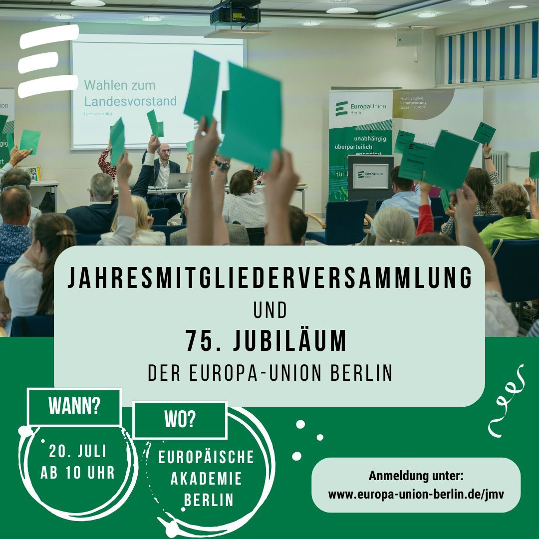 Wir werden 75 Jahre alt! Das feiern wir bei unserer diesjährigen Mitgliederversammlung mit Festakt. Dafür sind wir in der Europäischen Akademie zu Gast 🙏 Los gehts ab 10 Uhr mit vielen prominenten Gäst:innen. Melde Dich an und sei dabei: europa-union-berlin.de/jmv