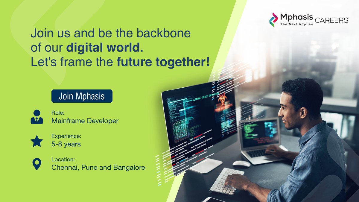 MphasisCareers's tweet image. Love to create software? Mphasis is on the lookout for a Mainframe Developer to join us full time. Experience in Cobol, JCL, VSAM, Db2, Mainframe Utilities is a must. Apply here: r.ripplehire.com/s/bR0Qs
#Mphasis #MphasisCareers #Mainframedeveloper #Developer #Tech #Innovation