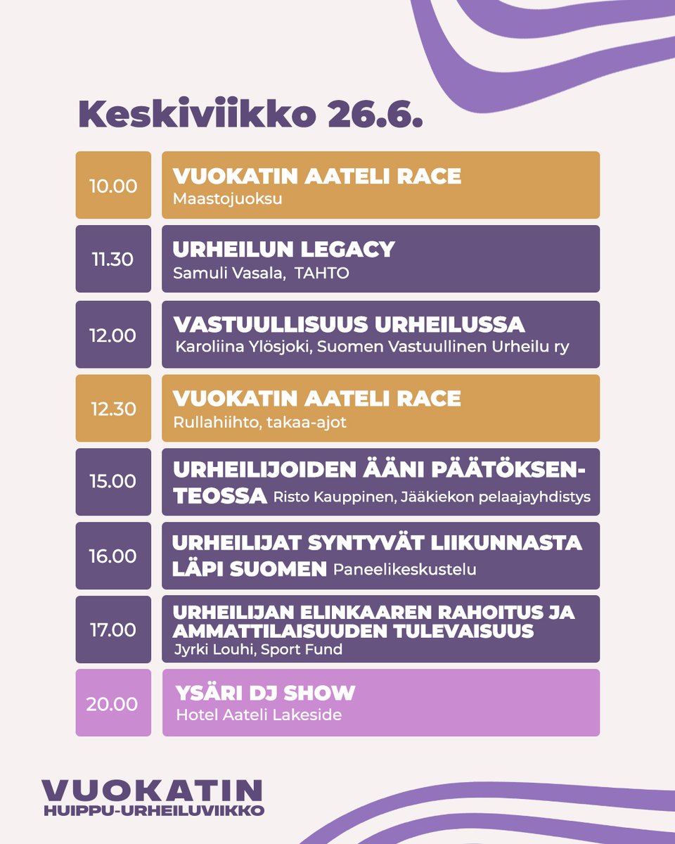 Vauhti kiihtyy – Tänään luvassa kattava setti niin seminaariohjelmaa kuin urheiluakin.

Seminaariohjelma käynnistyy Vuokatti Areenalla klo 11.30, Aateli Racen maastojuoksujen lähdöt ja maali Hotel Aatelilla jo klo 10.

Tervetuloa mukaan! 💜

#urheiluviikko #aatelirace #hiihto