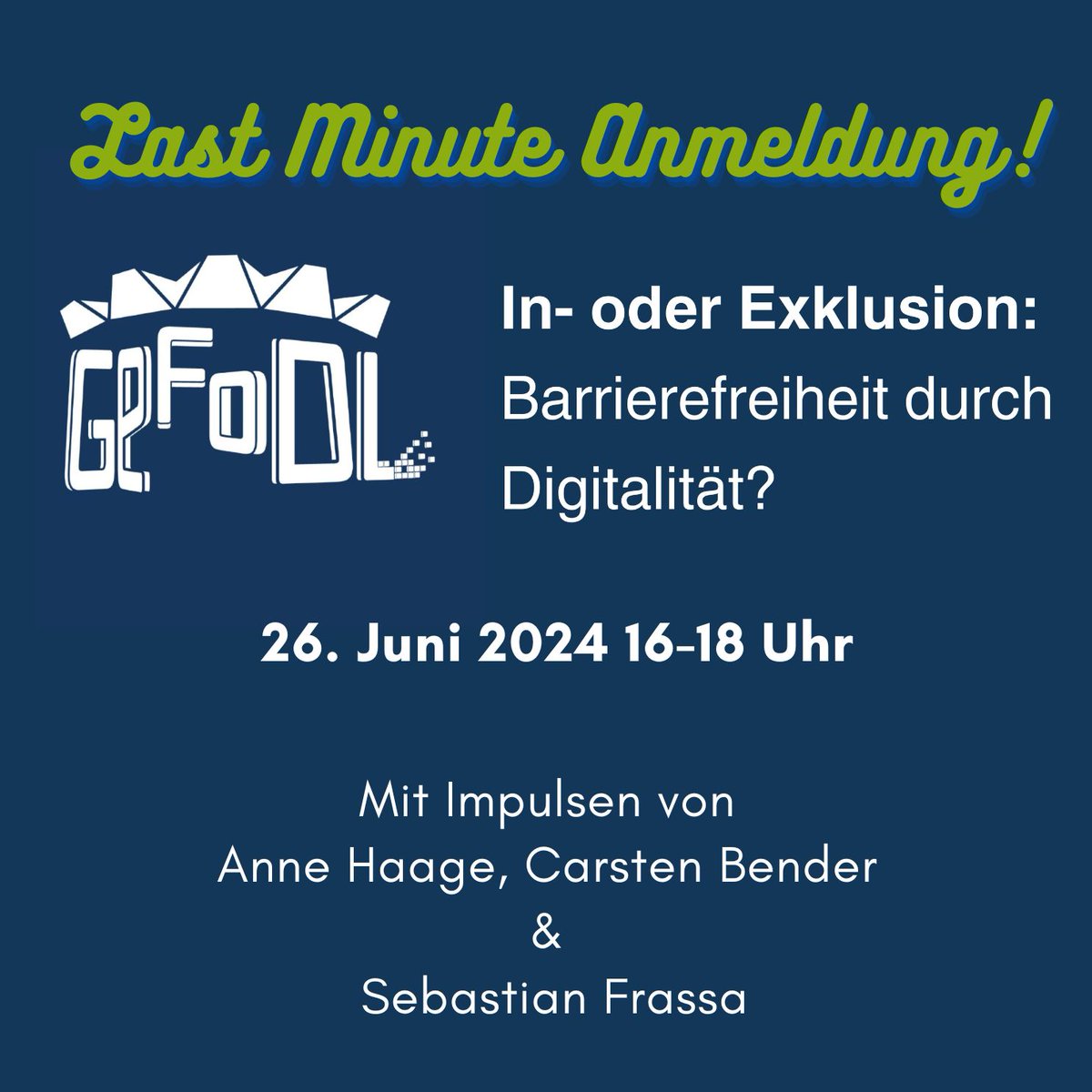 Last-Minute-Anmeldeaufruf: "In- oder Exklusion: Barrierefreiheit durch Digitalität?" Heute von 16-18 Uhr - mit Anne Haage, Carsten Bender (DoBuS) &amp; Sebastian Frassa.
Nutzen Sie die Chance, mit Experten zu diskutieren: Sind mehr Tools wirklich besser? Meldet euch jetzt an: Link