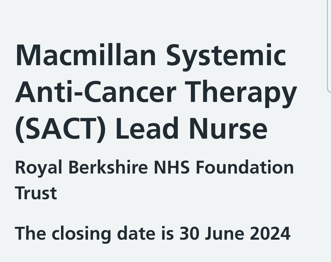 Mark Foulkes🏳️🌈 (He, Him) (@m_worm) on Twitter photo A chance to work with a great team here <a href="/RBNHSFT/">Royal Berkshire NHS Foundation Trust</a>. We need a dynamic and experienced Macmillan Lead SACT Nurse to take us into the future at this centre for cancer nursing innovation. nhsjobs.com/job/UK/Berkshi…
<a href="/macmillancancer/">Macmillan Cancer Support</a> <a href="/CancerLead/">UK Lead Cancer Nurses</a> <a href="/UKONSmember/">UKONS</a> A chance to work with a great team here <a href="/RBNHSFT/">Royal Berkshire NHS Foundation Trust</a>. We need a dynamic and experienced Macmillan Lead SACT Nurse to take us into the future at this centre for cancer nursing innovation. nhsjobs.com/job/UK/Berkshi…
<a href="/macmillancancer/">Macmillan Cancer Support</a> <a href="/CancerLead/">UK Lead Cancer Nurses</a> <a href="/UKONSmember/">UKONS</a>