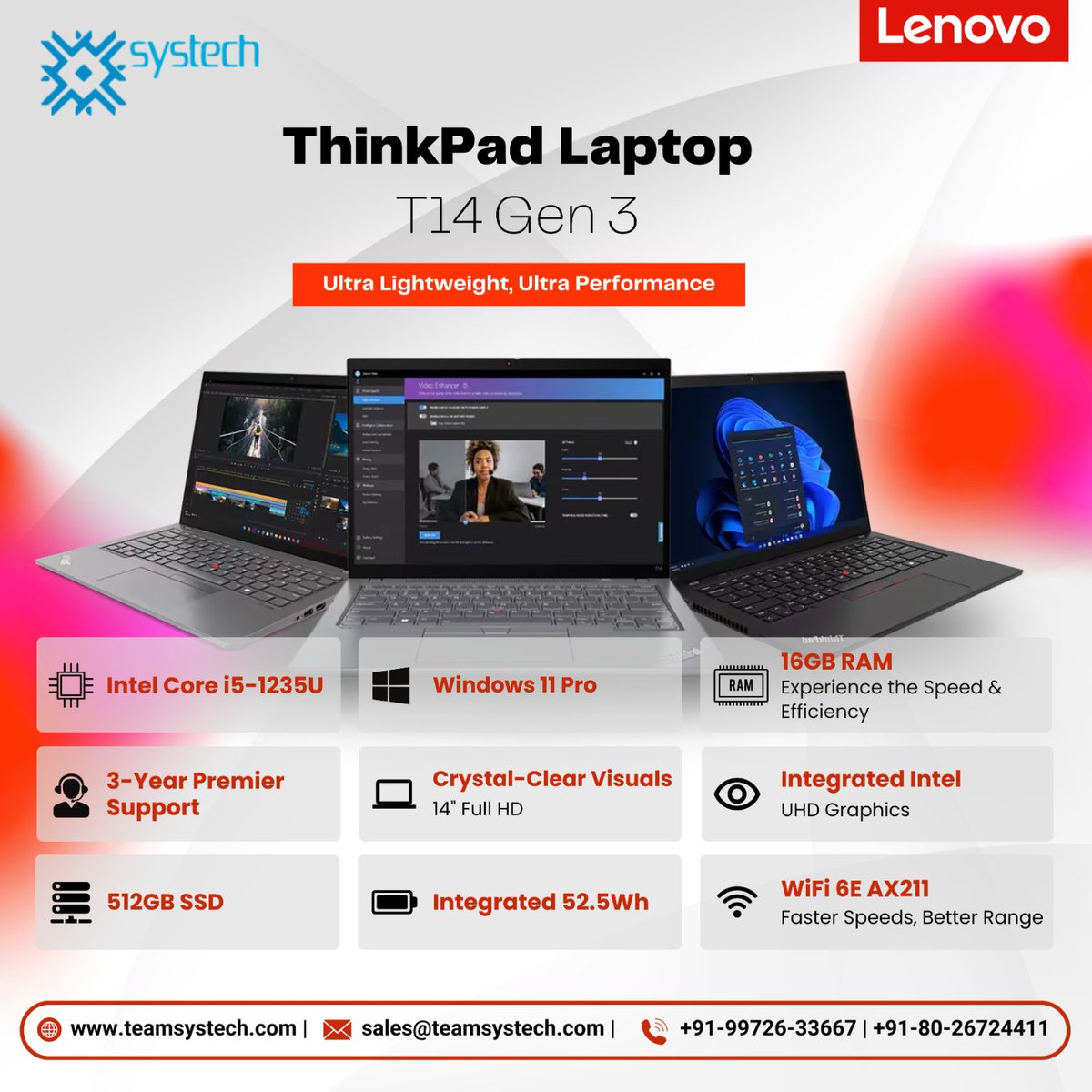 TeamSystech's tweet image. Experience lightning-fast speeds and efficiency with the ThinkPad Laptop T14 Gen 3. Boasting 16GB RAM and 512GB SSD, this powerhouse ensures seamless multitasking and ample storage. Maximize productivity with 3-Year Premier Support. #ThinkPadT14Gen3 #SpeedAndEfficiency