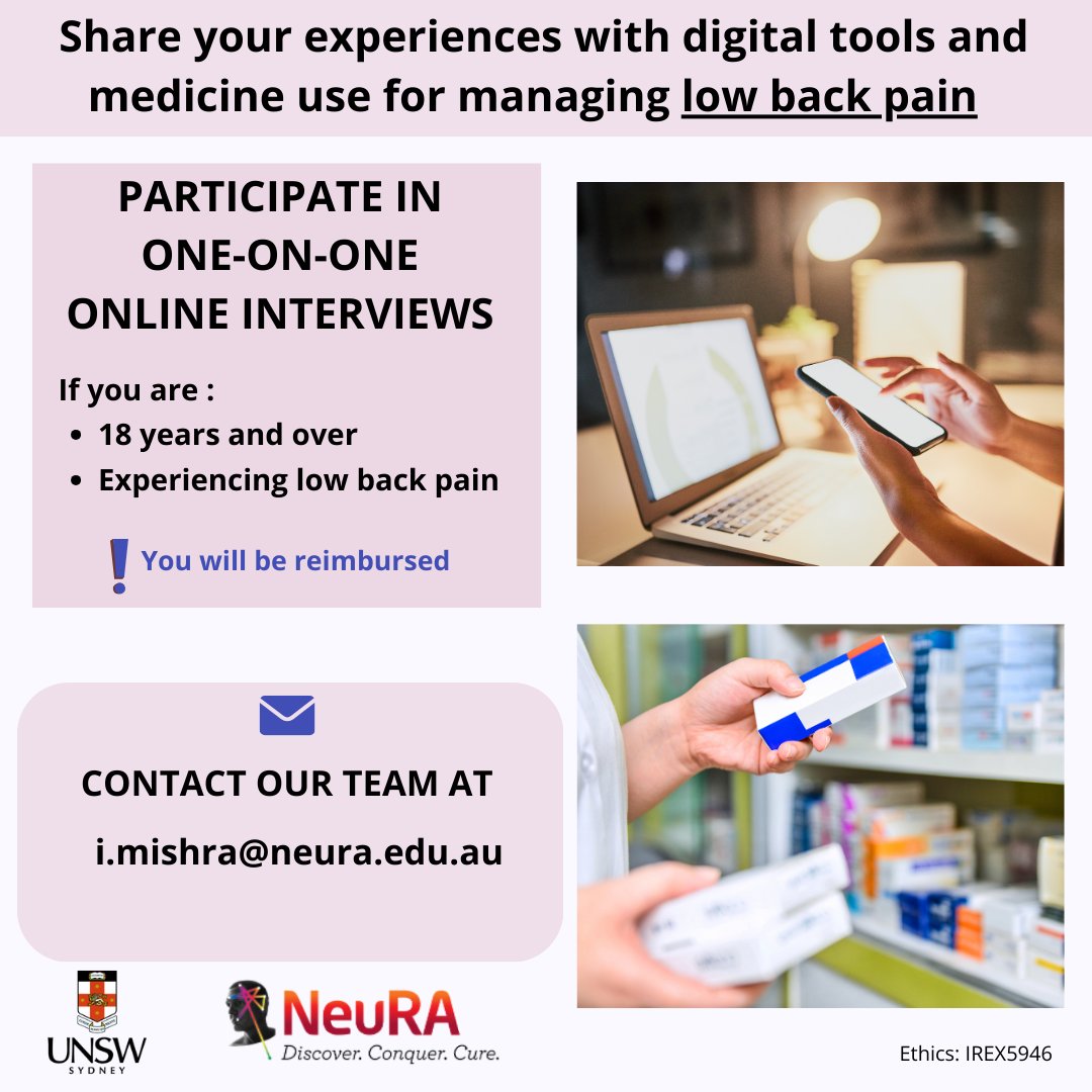 Are you living with low back pain?

Our research team is eager to understand your thoughts on digital tools and medication use for managing low back pain.

Please contact us at i.mishra@neura.edu.au with your name and phone number.

Participants will receive reimbursement