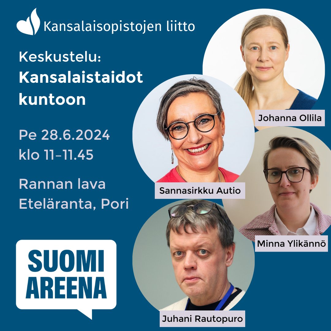 Tervetuloa SuomiAreenaan ja Kansalaistaidot kuntoon -keskustelutilaisuuteemme Rannan lavalle Poriin perjantaina 28.6. klo 11–11.45! Mikä on kansalaistaitojen merkitys yksilölle ja yhteiskunnalle? #kansalaistaidot <a href="/SuomiAreena/">SuomiAreena</a> 

Livestream: mtv.fi/video/c1f31ea5…