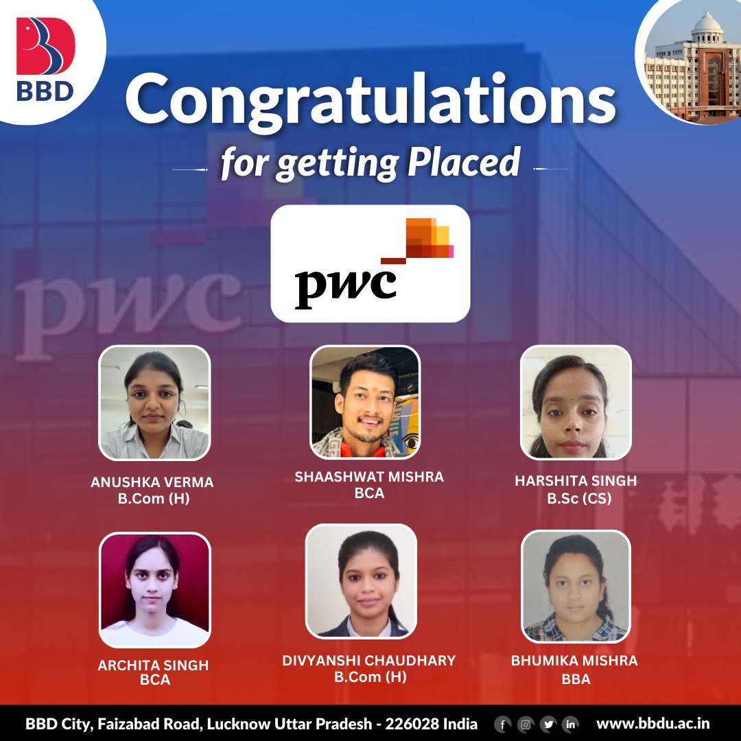 BBD_UNIVERSITY's tweet image. &quot;Unbeatable Placement Record Year after Year! Congratulations Students.  

#PWC #PWCIndiaAccelerationCenter #Placement2024 #wearefutureready #campusplacement #bbdgroup #lifeatbbd  #bbduniversity
&quot;