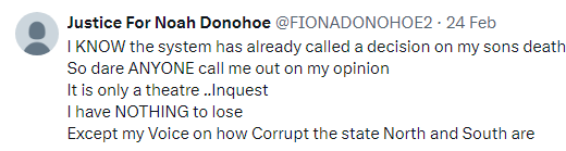 j_oconnor37's tweet photo. #JusticeForNoahDonohoe Noah Donohoe's mother @FIONADONOHOE2 is entitled to the full truth & justice - that is what an inquest is for. Unfortunately that will not be the case: https://t.co/leLJBZRuQe