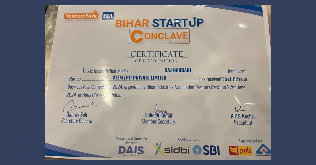 <a href="/CIMPBIIF/">CIMP BIIF</a> family is delighted to announce that our startup incubatee Raj Nandani, founder Stem (Pi) won the first prize in the Business Plan Competition 2024, organised by Bihar Industries Association "Venture Park" on June 22, 2024.

#BusinessGrowth #BusinessPlan #Startup #Patna