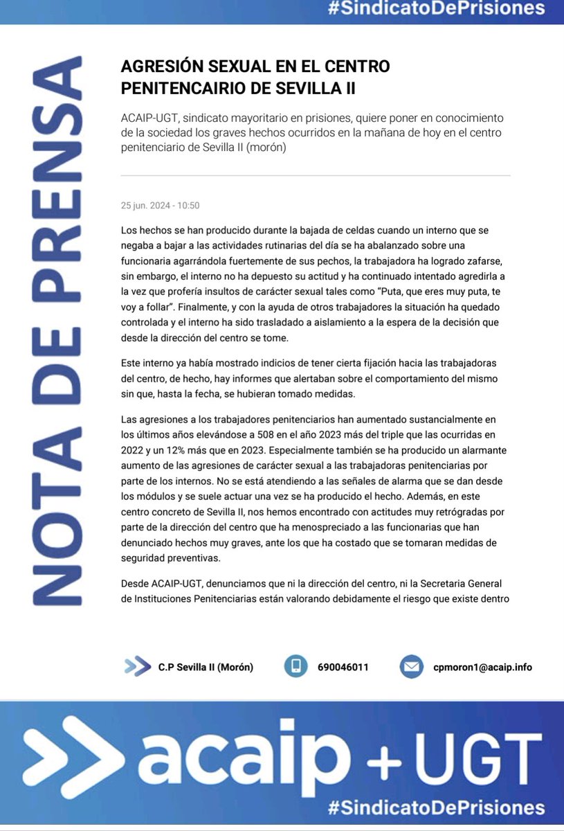 Y digo yo, ¿el <a href="/IgualdadGob/">Ministerio de Igualdad</a> no tiene nada que decir de la agresión sexual a una funcionaria de prisiones y de la nefasta gestión por parte del director y del subdirector del asunto?