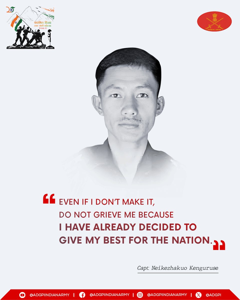 adgpi's tweet photo. #25YearsofKargilVijay
#KVDRajatJayanti
#WordsofWarrior
As we commemorate the daredevil act and inspirational leadership of Capt Kenguruse, his immortal words resonate in our hearts, exemplifying his valour and sacrifice for the nation.
#KVD2024
#IndianArmy https://t.co/jBblgotMxp