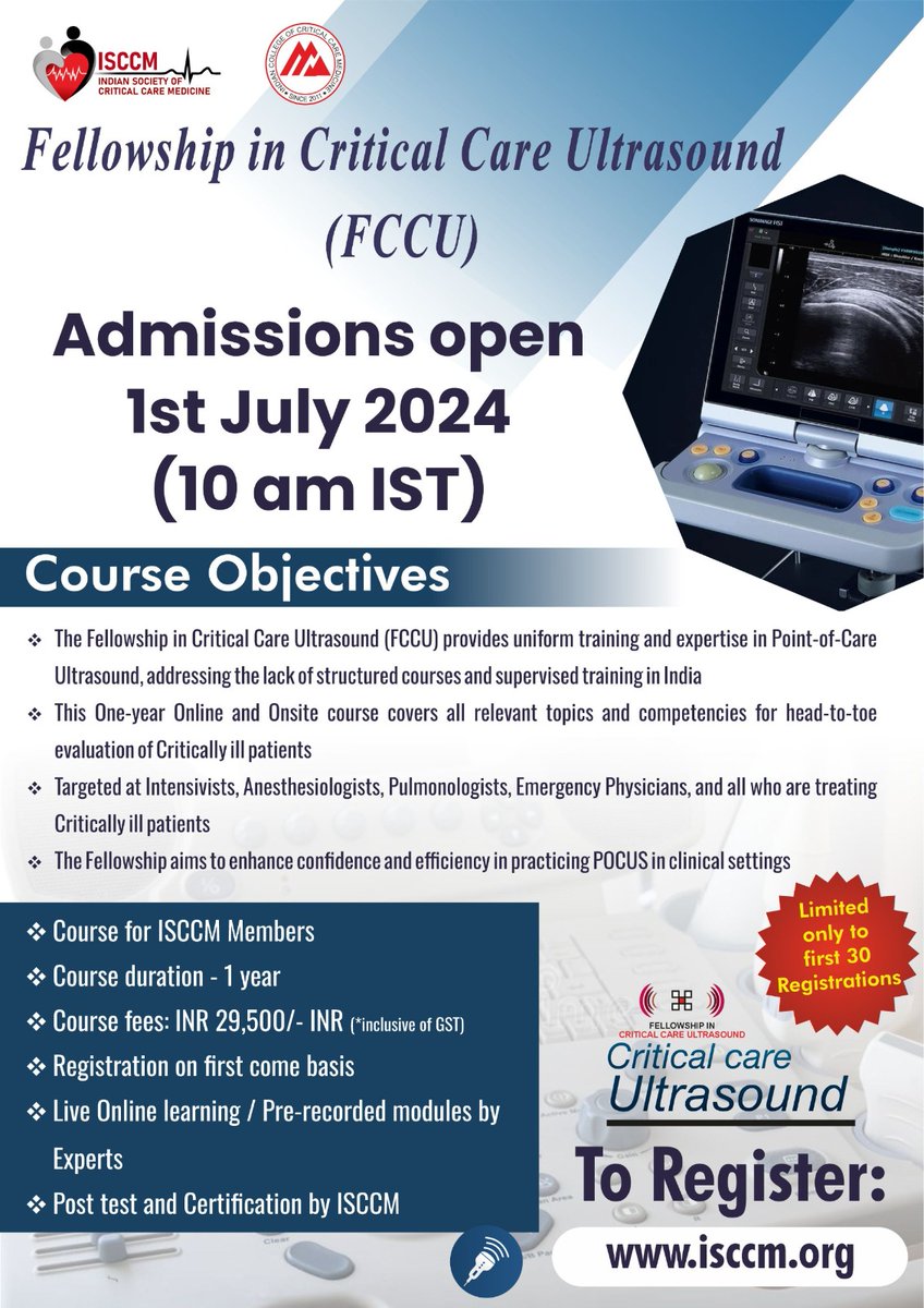 isccmnational's tweet image. Fellowship in Critical Care Ultrasound (FCCU)

Admissions open on 1st July 2024 at 10 am IST

Limited to First 30 Registrations (Total Seats - 30 only)

Registration Link: isccm.org/admin-control/…

#isccm