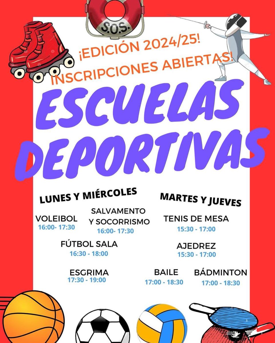 ¡🎉 Abrimos una NUEVA ESCUELA DEPORTIVA! 🎉

📢 ¡Inscripciones Abiertas para 2024/25! (Junio y julio)🏃‍♂️ ⚽🏀

¡Asegura tu lugar en nuestras escuelas deportivas para el próximo curso!

Para más información, contáctanos en ipafd@iesguadarrama.org o visita iesguadarrama.org/component/sppa…