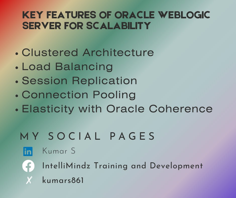 kumars861's tweet image. Learn how to leverage clustered architecture, load balancing, session replication and more to ensure your applications can handle increasing loads and maintain peak performance.
#Scalability #OracleWebLogic #EnterpriseApplications #TechBlog #CloudComputing #LoadBalancing
