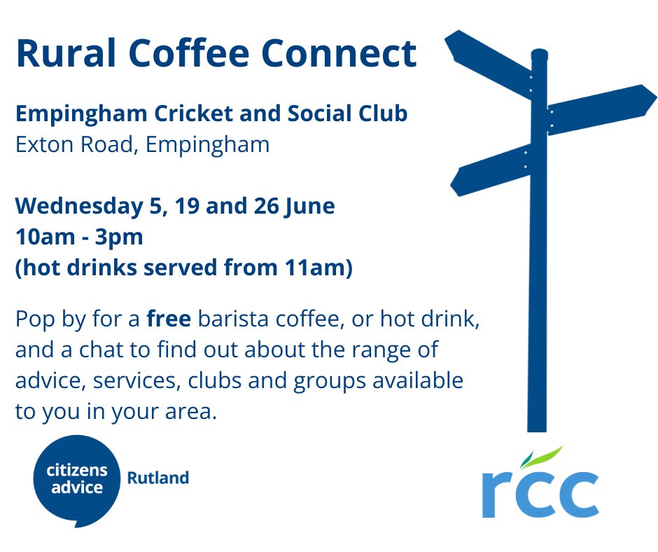 Today-last chance to see Rural Coffee Connect in Empingham!
The team is back at the Cricket &amp; Social Club, 10am - 3pm. FREE barista coffee &amp; hot drinks (from 11am) &amp; info on advice &amp; services.
<a href="/RutlandCAB/">Citizens Advice Rutland</a> &amp; <a href="/YourRCC/">RCC</a> supporting communities inc. small charities #SmallCharitiesWeek