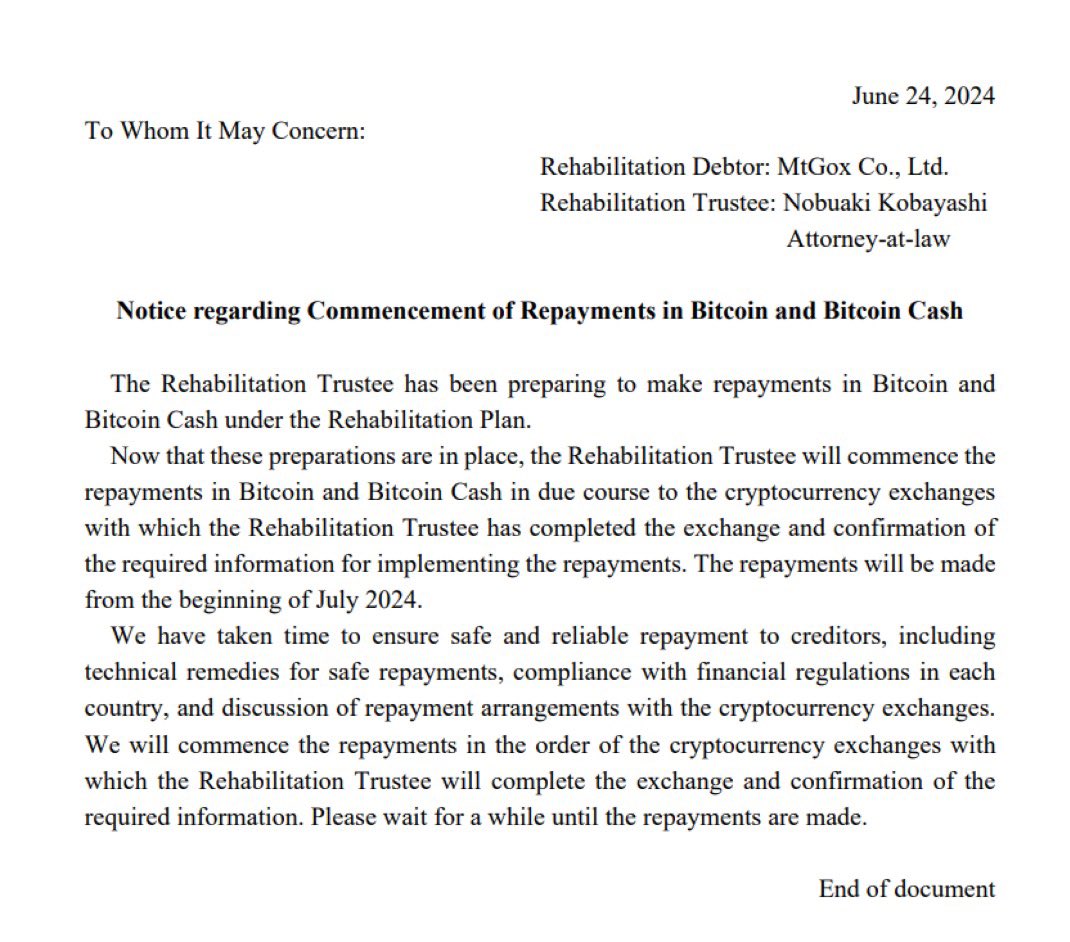 JUST IN: MT. Gox says they'll start $BTC, and Bitcoin Cash repayments in July.