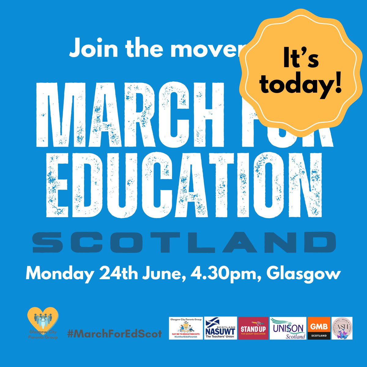 Glasgow City Parents Group (GCPG) (@gcparentsgroup) on Twitter photo 📢 The day is here! Join us today to #MarchForEdScot! 📢
Stand with us for the future of education in Scotland. ✊📖 bit.ly/3wWYKqR
🗓️Mon 24th June
📍 Steps outside The Royal Concert Hall, Glasgow
<a href="/EISUnion/">EIS</a> <a href="/NASUWT_Scotland/">NASUWT Scotland</a> <a href="/unisonscot/">UNISON Scotland</a> <a href="/GMBScotOrg/">GMB Scotland</a> <a href="/AHDScotland/">AHDS</a> 📢 The day is here! Join us today to #MarchForEdScot! 📢
Stand with us for the future of education in Scotland. ✊📖 bit.ly/3wWYKqR
🗓️Mon 24th June
📍 Steps outside The Royal Concert Hall, Glasgow
<a href="/EISUnion/">EIS</a> <a href="/NASUWT_Scotland/">NASUWT Scotland</a> <a href="/unisonscot/">UNISON Scotland</a> <a href="/GMBScotOrg/">GMB Scotland</a> <a href="/AHDScotland/">AHDS</a>