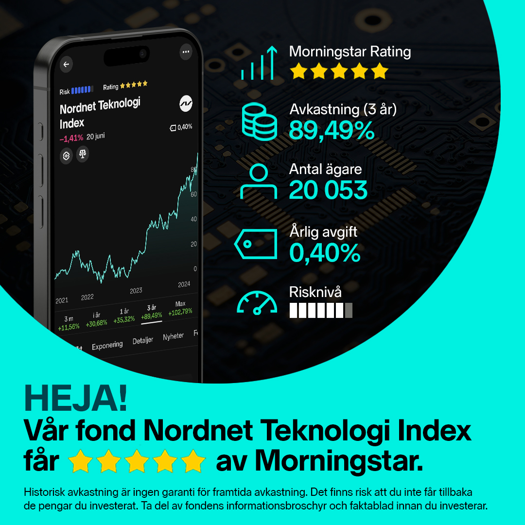 HEJA! Vår fond Nordnet Teknologi Index belönas med ⭐️⭐️⭐️⭐️⭐️ av Morningstar. 🥳