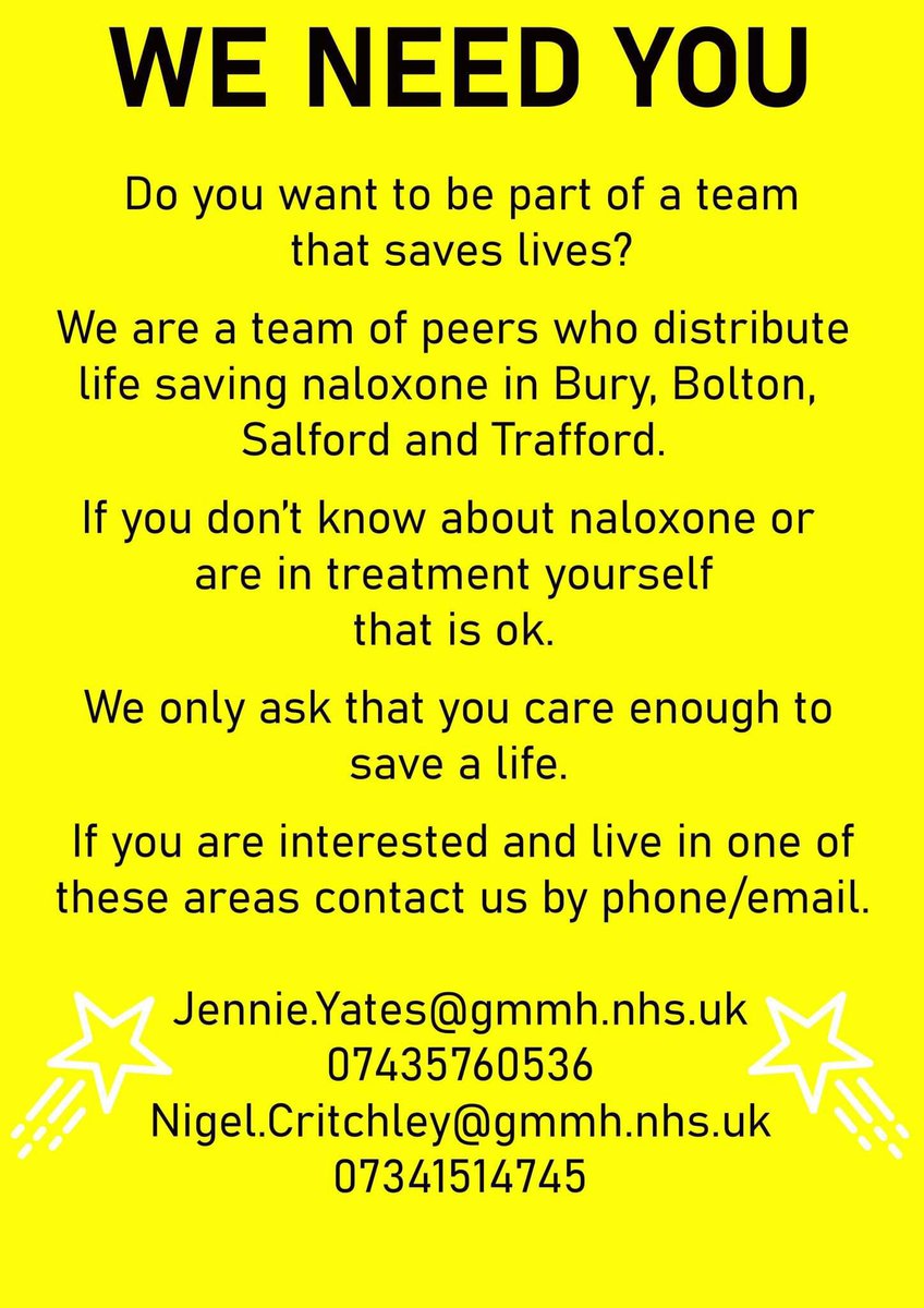 Jennie and Nigel are looking to support the growth, reach and impact of the Naloxone Peers in Bury, Bolton, Salford and Trafford. 
If you are interested, get in touch with Nigel and/or Jennie. Contact details on poster.
