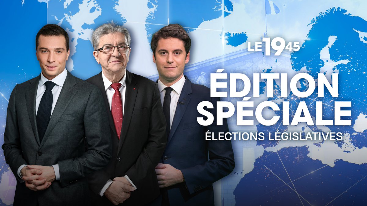 M6Pro (@m6pro) on Twitter photo 🚨Editions spéciales législatives 2024 dans le JT #19h45 de <a href="/M6/">M6</a>.
Xavier de Moulins recevra :
🇫🇷 <a href="/J_Bardella/">Jordan Bardella</a> le lundi 24 juin
🇫🇷 <a href="/JLMelenchon/">Jean-Luc Mélenchon</a> le jeudi 27 juin
Dominique Tenza recevra :
🇫🇷 <a href="/GabrielAttal/">Gabriel Attal</a> le vendredi 28 juin 🚨Editions spéciales législatives 2024 dans le JT #19h45 de <a href="/M6/">M6</a>.
Xavier de Moulins recevra :
🇫🇷 <a href="/J_Bardella/">Jordan Bardella</a> le lundi 24 juin
🇫🇷 <a href="/JLMelenchon/">Jean-Luc Mélenchon</a> le jeudi 27 juin
Dominique Tenza recevra :
🇫🇷 <a href="/GabrielAttal/">Gabriel Attal</a> le vendredi 28 juin