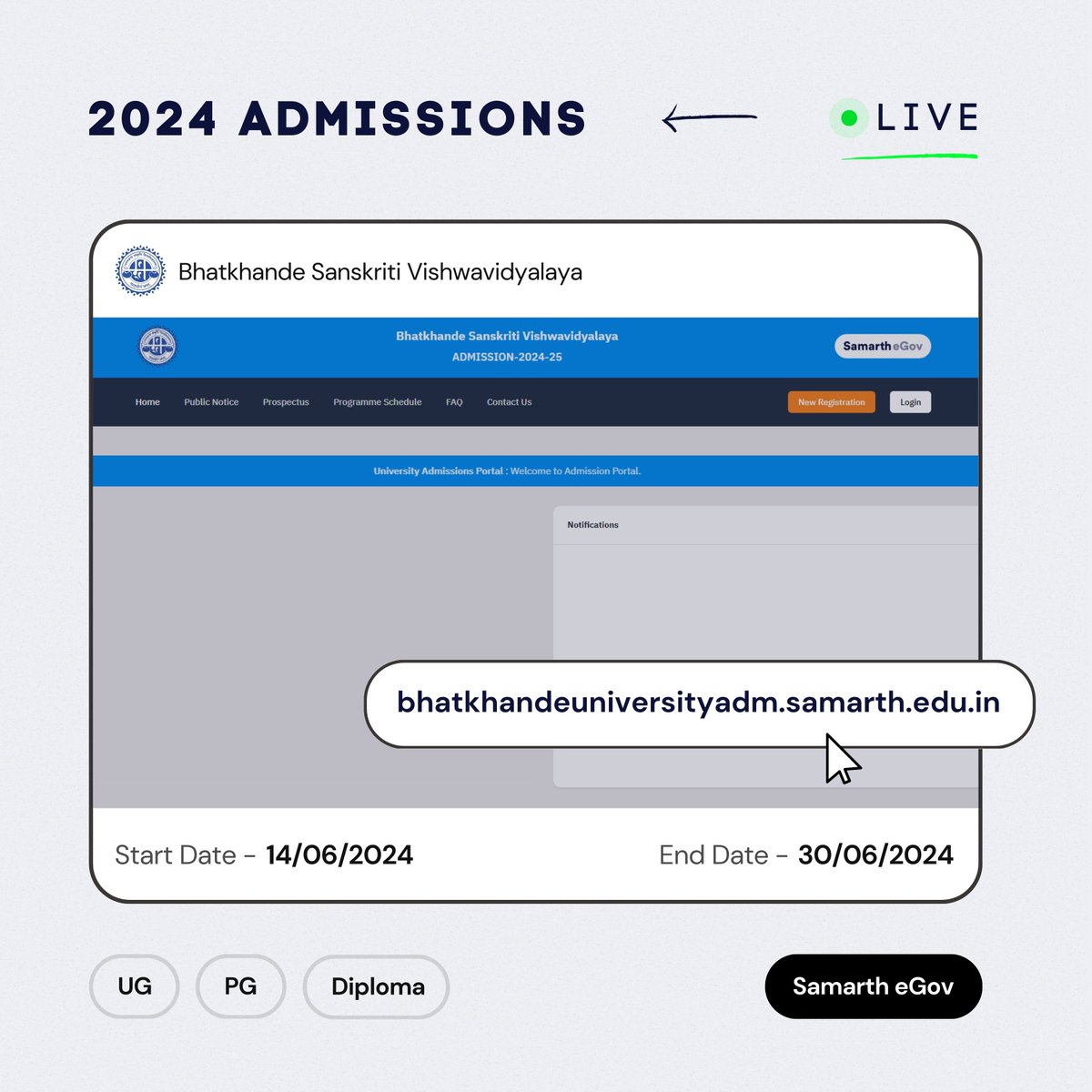 Samarth_eGov's tweet photo. Online registrations for the admission cycle have started in Bhatkhande Sanskriti Vishwavidyalaya for UG, PG and Diploma Programmes for the Academic Year 2024-25 from 14th June 2024. Aspiring students can apply online at https://t.co/616QUAbAq3

#admissions #samartherp https://t.co/bMJwOYlA5n