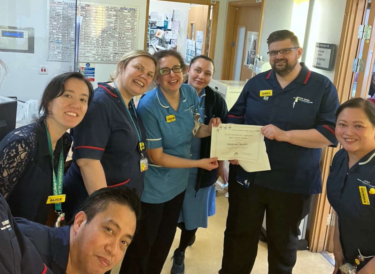 🥇 Massive congratulations to <a href="/uclh/">UCLH</a> NHNN Day Care Unit for winning the May Hand Hygiene Audit competition with 228 submissions! 🏆 #5Moments #CleanHandsSaveLives #RoleModels 
Thank you <a href="/UCLHCharity/">UCLH Charity</a> for sponsoring the prize 🥳🤩📸