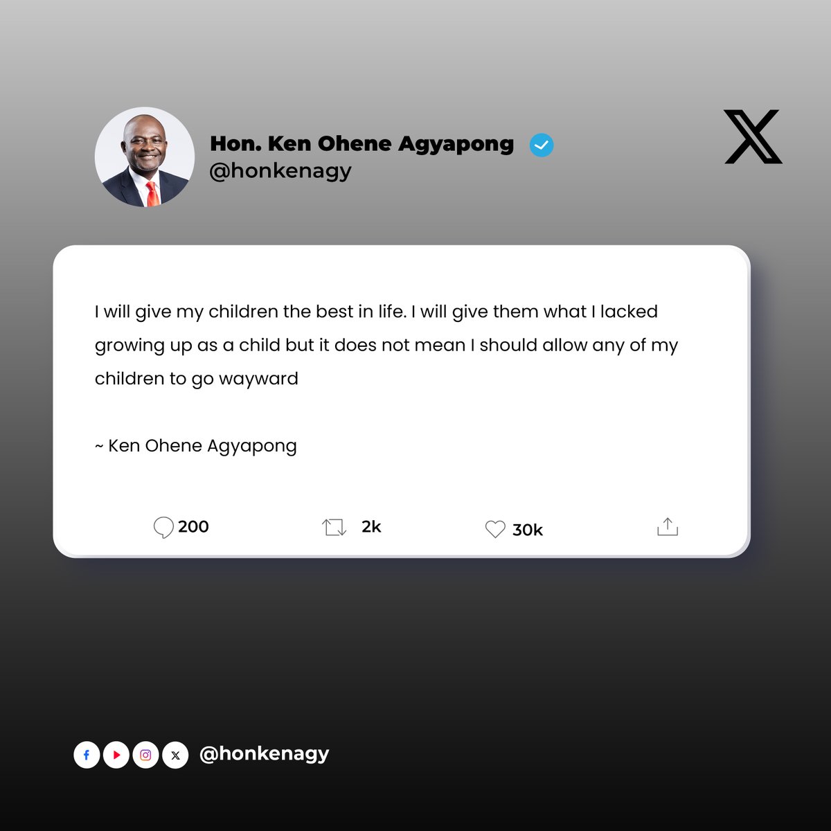 realKenAgyapong's tweet photo. 🗣️I will give my children the best in life. I will give them what I lacked growing up as a child but it does not mean I should allow any of my children to go wayward.
#KenQuotes https://t.co/lTyPEHvVfM