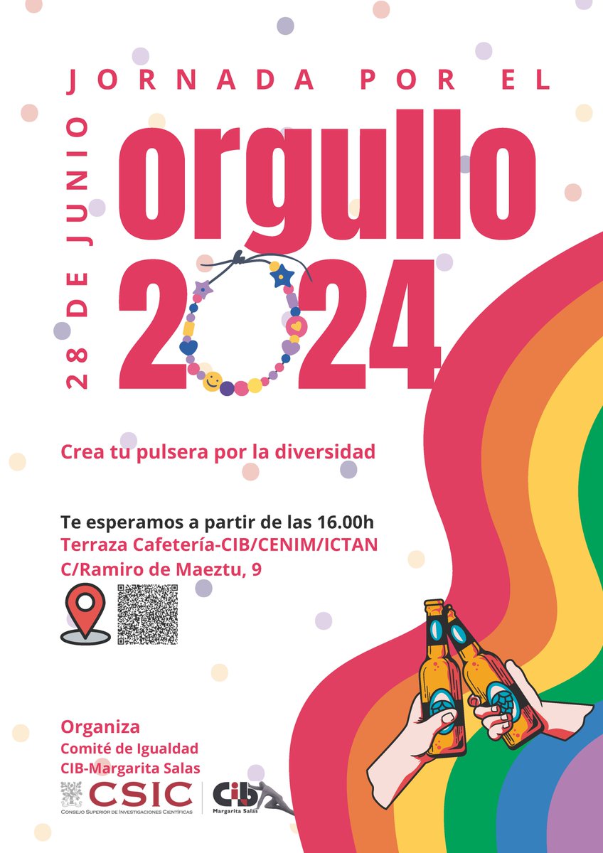 #Orgullo2024

El viernes 28 de junio a partir de las 16h en la terraza de la cafetería del <a href="/CIB_CSIC/">CIB Margarita Salas (CSIC)</a> elaboraremos pulseras por la diversidad.

¡Os invitamos a acompañarnos!