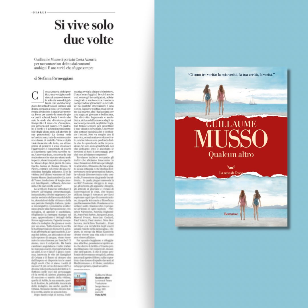 La nave di Teseo (@lanavediteseoed) on Twitter photo Nel nuovo thriller di <a href="/Guillaume_Musso/">Guillaume Musso</a> nessuno mente, dicono tutti la verità, anche se a modo loro. E dopo tanti colpi di scena, l'ultima riga svela la chiave del mistero.
Stefania Parmeggiani legge “Qualcun altro” su <a href="/Robinson_Rep/">Robinson di Repubblica</a> Nel nuovo thriller di <a href="/Guillaume_Musso/">Guillaume Musso</a> nessuno mente, dicono tutti la verità, anche se a modo loro. E dopo tanti colpi di scena, l'ultima riga svela la chiave del mistero.
Stefania Parmeggiani legge “Qualcun altro” su <a href="/Robinson_Rep/">Robinson di Repubblica</a>