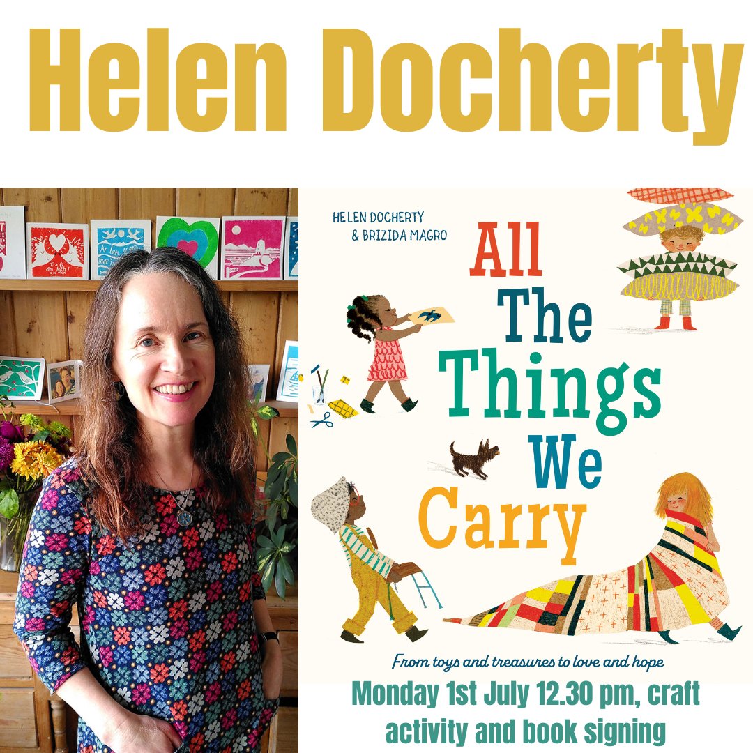 Come and join award-winning local children's author @docherty_helen  to celebrate the launch of her new book, All The Things We Carry, illustrated by Brizida Magro.

Monday 1st July 12.30 pm

Storytelling, craft activity and book signing!