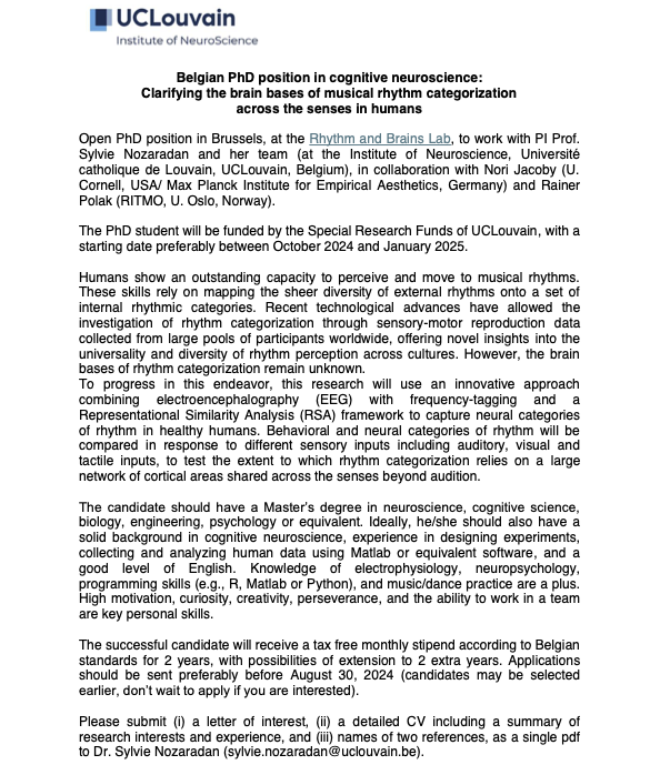 Ségolène M. R. Guérin (@segoleneguerin) on Twitter photo 📢 PhD Position Available
A #PhDPosition is now open to work in the team of Prof. Sylvie Nozaradan (<a href="/SylvieNozaradan/">Sylvie Nozaradan</a>) in the field of #CognitiveNeuroscience
For detailed information regarding the position, application requirements and procedures, please see the attached image👇 📢 PhD Position Available
A #PhDPosition is now open to work in the team of Prof. Sylvie Nozaradan (<a href="/SylvieNozaradan/">Sylvie Nozaradan</a>) in the field of #CognitiveNeuroscience
For detailed information regarding the position, application requirements and procedures, please see the attached image👇